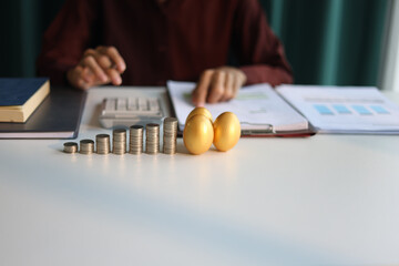Rising stack of coins and golden eggs on the table. Businessman calculating dividend yield on the...