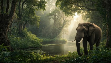 Fototapeta premium Wildlife scene of a forest elephant navigating thick vegetation, highlighting habitat preservation