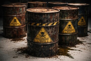 Naklejka premium Old iron drums storing hazardous waste with rust marks on a white surface