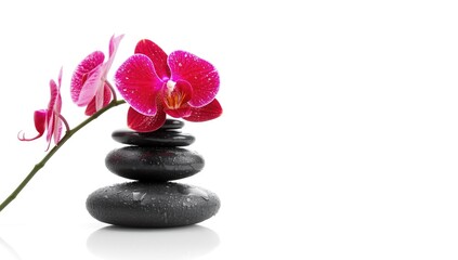 Arrangement of spa stones and red orchid on white background, used for spa or massage service branding