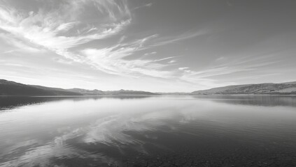 Serene lake captured in monochrome, highlighting peaceful natural scenery for environmental awareness