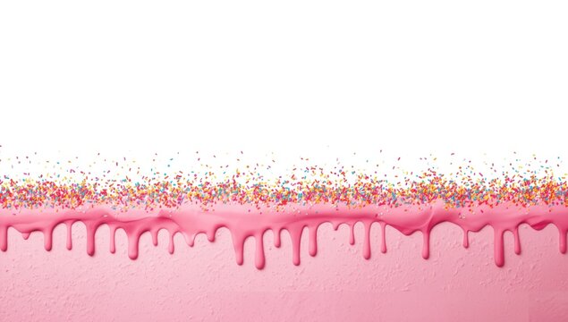 Border of pink ice cream topped with colorful sprinkles serving as a cheerful banner background for celebrations