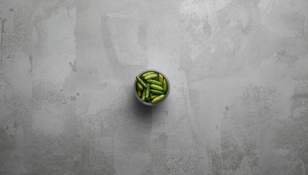 Pickled beans in a metal container placed on a gray concrete background, highlighting food storage practices