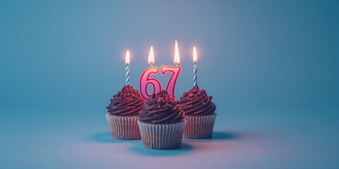 Celebration of 67th birthday with cupcakes and a candle, vibrant blue backdrop