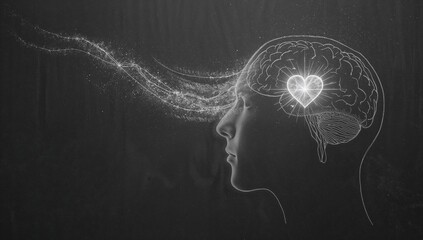 Illustration of a glowing heart shaped in chalk inside a persons head, representing instinct and emotional connection, with a focus on psychology and volunteer symbolism