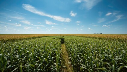 Large cornfield labyrinth serving as a family-friendly outdoor adventure, suitable for seasonal events