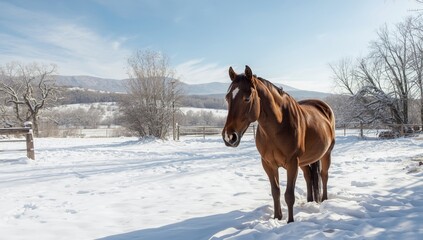 Horse in a winter mountain setting with snow and forest, highlighting natural environment and animal well-being