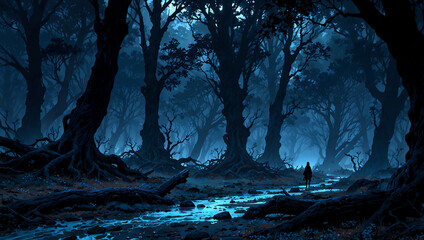 青い森の中を行く人　AI生成素材