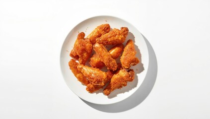 Chicken wings served on a clean white plate in a dining environment, food texture for layout or menu design