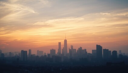 Fototapeta premium Out of focus cityscape at sunset used as UI backdrop, urban density