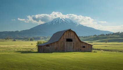 Fototapeta premium Rustic barn nestled in mountainous landscape, used for agricultural storage and farm operations