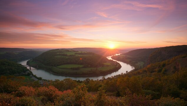 Saar loop at Mettlach in Saarland Germany, winding river curve for landscape background