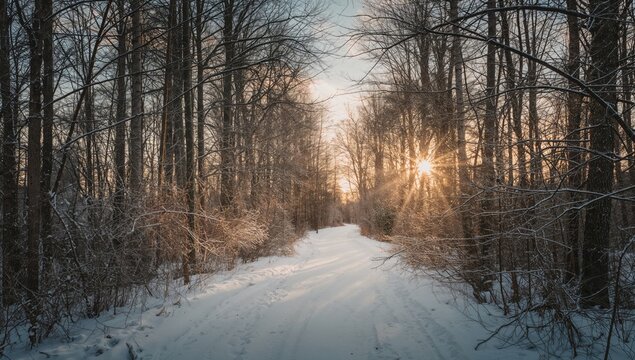 Snowy woodland trail with leafless trees under warm evening sky, winter landscape - Powered by Adobe