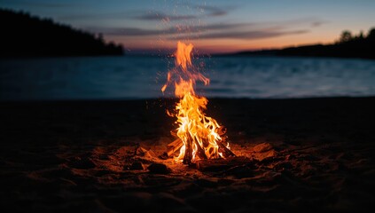 Bonfire lit on a deserted beach with sand and ocean in the background, highlighting outdoor safety and leisure