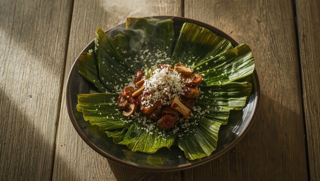 Asian dish of mushroom pepes with spice and banana leaf wrapping, highlighting flavor preparation