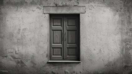 Cement building facade featuring an antique wood window, suitable as a UI backdrop in monochrome tones