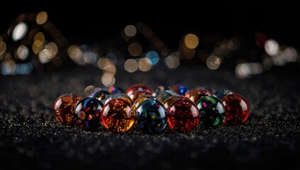 Dark marble surface with an abstract circular pattern, illuminated by light, featuring black, red, and glitter details, ideal for UI backdrop design