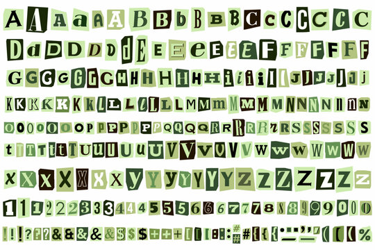 Ransom cut out collage alphabet vector. Trendy blackmail kidnapper anonymous note font with Latin letters, numbers, and symbols. Criminal detective scrap style. Green tones. Compose your own message