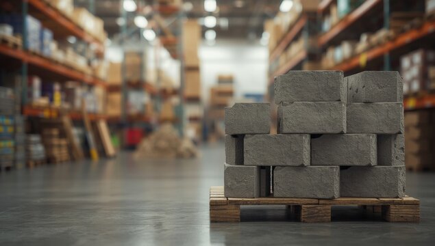 Concrete cinder blocks arranged on a pallet in a hardware store, emphasizing building stability and material handling
