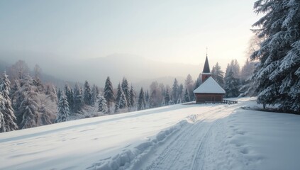 Forest chapel in winter with snow-laden branches, highlighting seasonal landscape preservation
