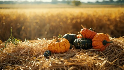 Colorful pumpkins on sunlit straw in a peaceful farm setting highlight harvest season and rural landscape appreciation