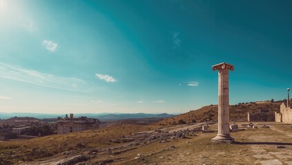 Remnants of a historic castle and monastery walls built with Roman stone and marble, archaeological excavation scene