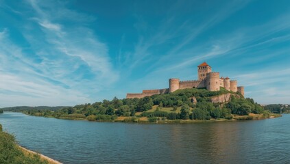 Fototapeta premium Khotyn Fortress on the Dniester River bank, highlighting ancient stone defenses and water setting