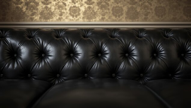 Close-up of a black leather sofa with button accents, emphasizing fabric durability and care, Earth Day