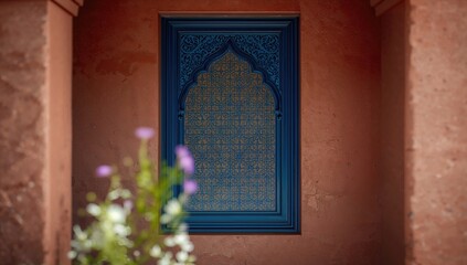 Fototapeta premium Old city Moroccan blue forged window with intricate metalwork, suitable for UI backdrop, World Malaria Day