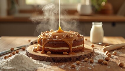 Preparing a macadamia nut cake with toffee, emphasizing confectionery craftsmanship in pastry and patisserie, for National Cake Week