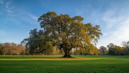 Obraz premium Sunlit garden with lush trees and grass, suitable as a background for outdoor scenes