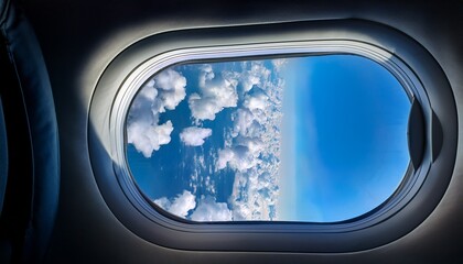 a vertical shot of a blue sky view with clouds from an airplane window