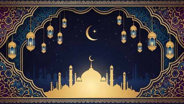 Luxury gold mosque silhouette with ornamental frame.
