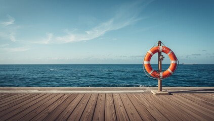 Life buoy affixed to a concrete structure along the water, emphasizing safety measures for waterfront zones