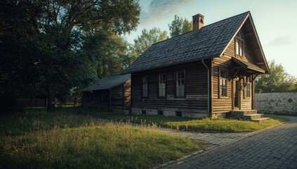 Obraz premium Traditional wooden house in a village setting, highlighting rural construction styles