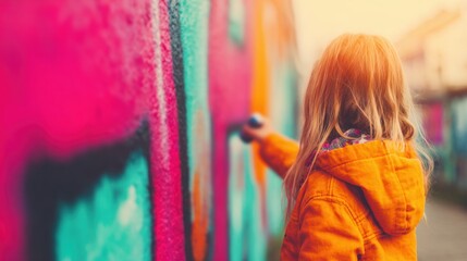 Naklejka premium Child creating street art in bright colors on a city wall during daylight
