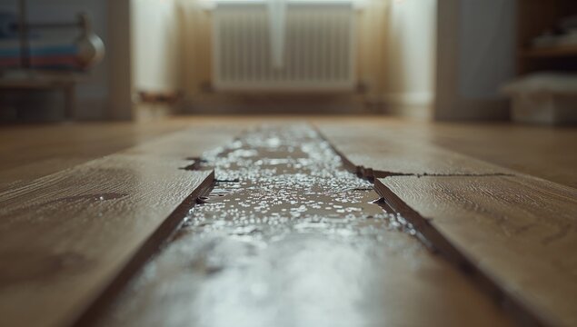 Water damage on laminate flooring caused by heating pipe leak, highlighting repair procedures