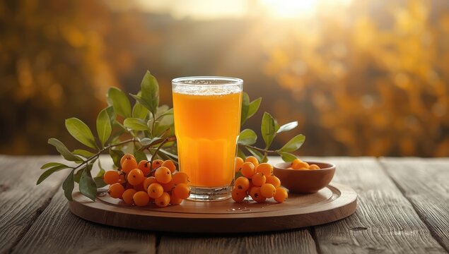 Sea-buckthorn berries and juice detailed image on a table surface, highlighting nutrient-rich foods, Earth Day