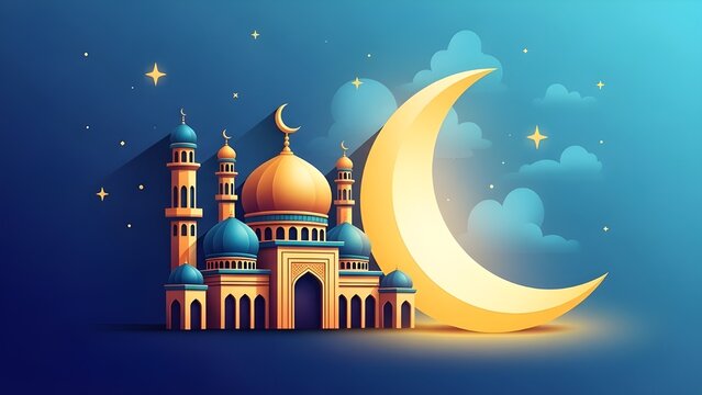 Grand mosque illustration with a large crescent.