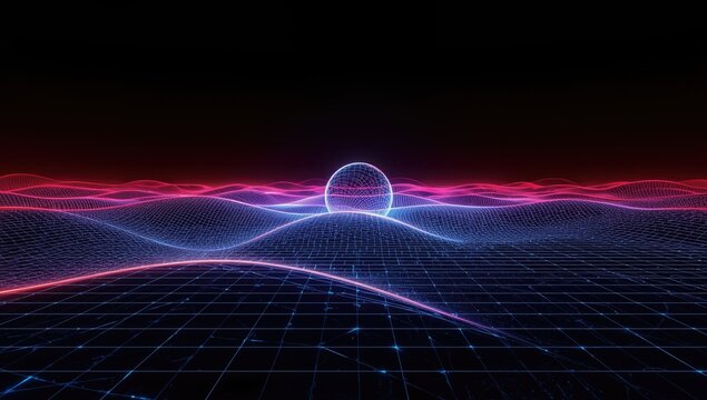 Gradient neon grid landscape, suitable as a UI backdrop for scientific or technological content - Powered by Adobe