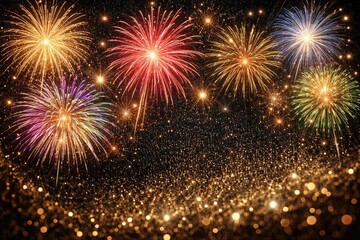 Obraz premium Holiday fireworks bursting vibrantly against an elegant black and gold glitter textured background