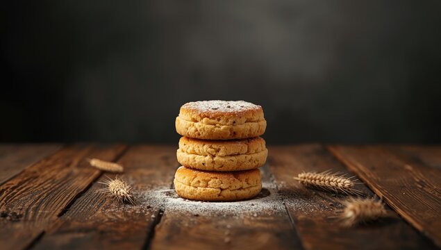 Biscuits set on a dark grey surface at a dining table, designed for layout and background applications