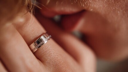 A close-up of a wedding band being gently kissed, focus on the details of the ring and the emotion, devoted and intimate, 8k, realistic, full ultra HD, high resolution, cinematic photography