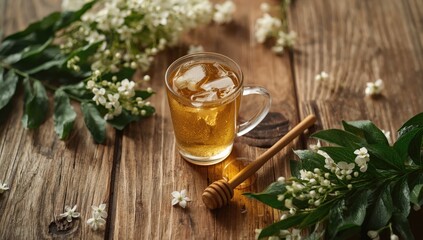 Sweet honey tea served in a glass on a wooden surface, highlighting natural ingredients and health-focused beverage choices