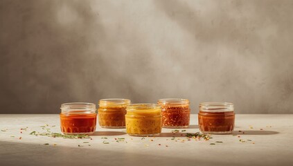 Assortment of six sauces with diverse flavors such as chili, peanut, citron, wasabi, Chinese peanut, and sesame, for culinary use