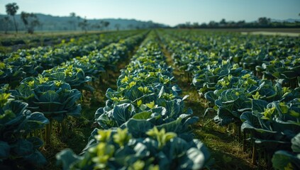 Fototapeta premium Vegetable farming with cabbage, cauliflower, and drumstick in a rural setting, highlighting mixed cropping practices