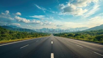 Urban highway traversing lush mountain terrain with cityscape below, infrastructure and environmental balance