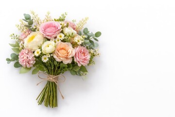 Artificial flower bouquet isolated on white surface featuring copy space