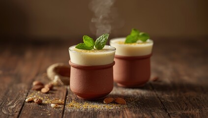 Almond lassi served in terracotta cups, flavored with cardamom saffron and mint, highlighting traditional Indian refreshment