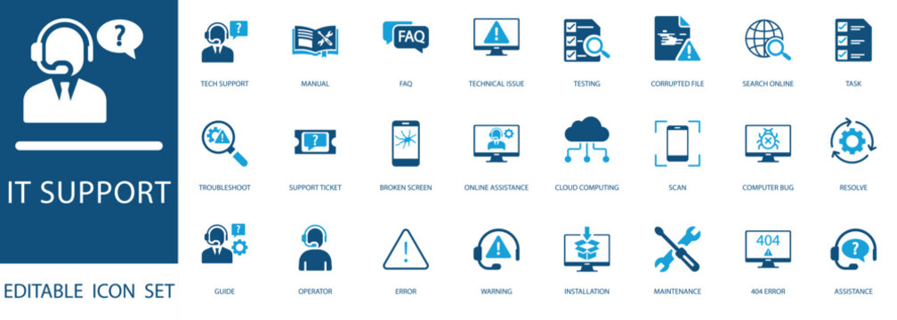 IT Support Icon Set. Featuring tech support, troubleshooting, cloud computing, and computer repair symbols for web and app design. Editable vector icons.